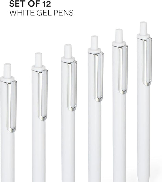 Poppin Stylish Retractable Gel Pens - Fine Point Pens with 0.7mm Tip, Smooth Writing Ink, Metal Clip, 12 Pack (White with Black Ink)