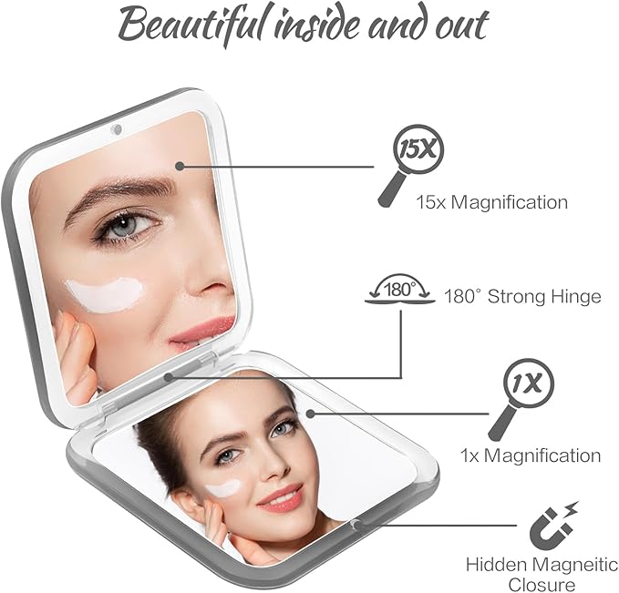 Compact Travel Small Magnifying Mirror - Snowflakes Pocket Mirror -1x/15x Magnification Cosmetic Mirrors Handheld Portable for Travel and Purses (Black)