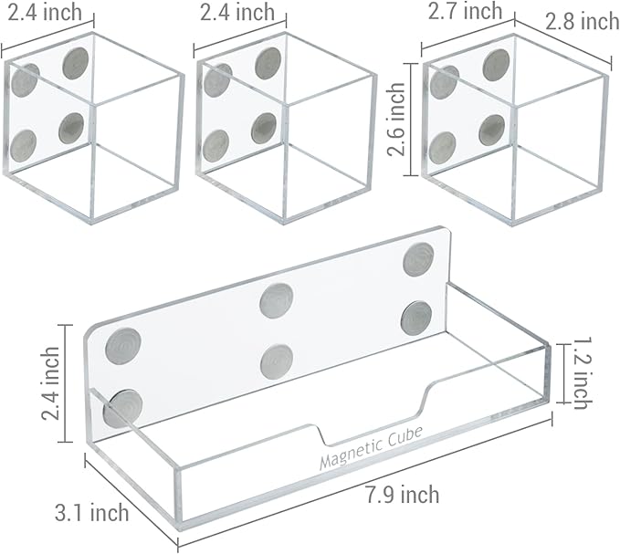 MyGift Premium Clear Acrylic Magnetic Dry Erase Marker Holder And Office Supplies Storage Containers, 4 Piece Set Includes 1 Tray and 3 Cubed Boxes