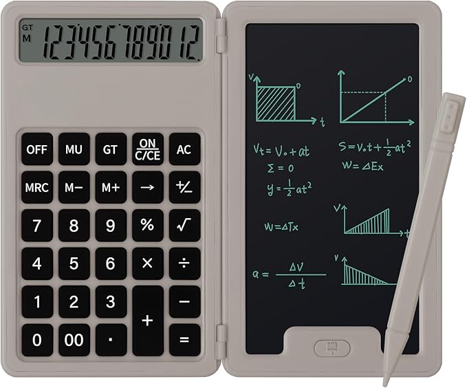 Desk Portable Basic Calculator with Notepad and Stylus, 12 Digit Large Display Multi-Function for Office, School, Home & Basic Financial (Khaki)