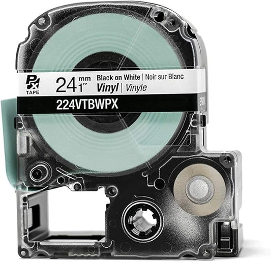 Epson LABELWORKS 224VTBWPX Genuine Tape Cartridge - Black on White Flexible and Durable Vinyl Industrial Label Maker Tape - 1" (24MM) Wide, 22.9 ft