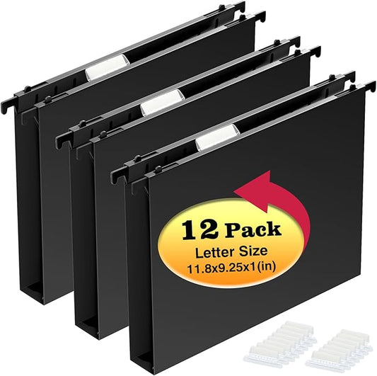 Extra Capacity Plastic Hanging File Folders,12 Pack Reinforced Hang Folder,Heavy Duty 1 Inch Expansion,Filing Cabinet Folders Letter Size for Bulk Files/Medical Charts (No Sealed, Black)
