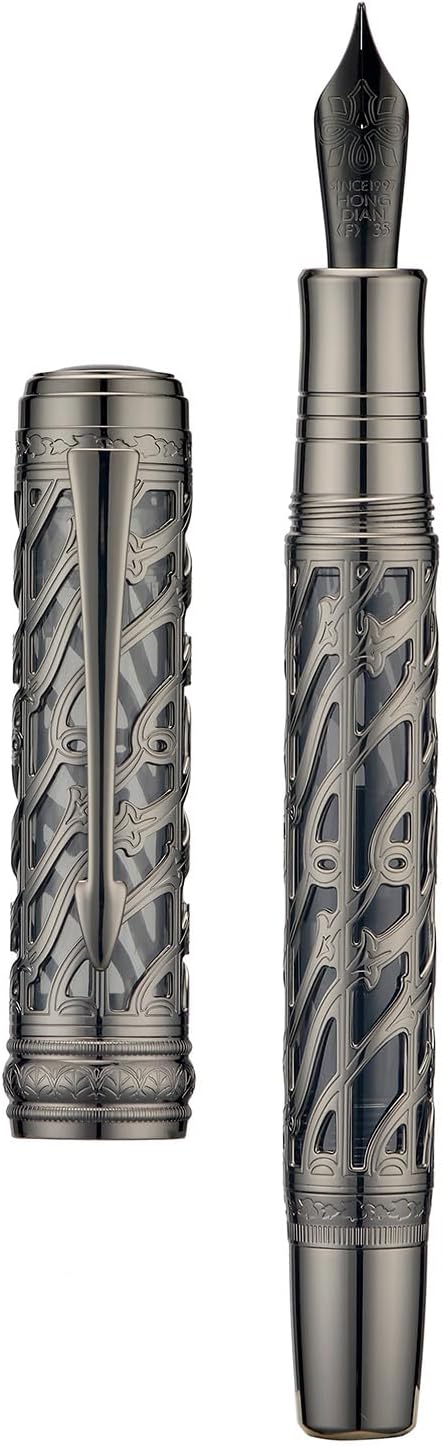 Hongdian A6 Piston Fountain Pen Fine Soft Nib, Jet Black Hollow Skeleton & Resin Pen with Metal Case Set