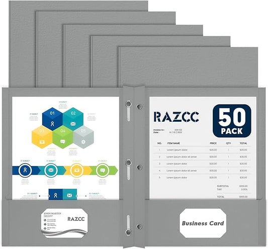 Two Pocket Folders, RAZCC 50 Pack Two Pocket Folders with Prongs, 3 Prong Folders Fit Letter Size Paper, Pocket File Folders for School Office Home Business, Grey