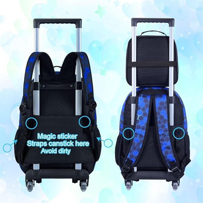 CCJPX 3PCS Soccer Rolling Backpack for Boys, Roller School Bookbag with Lunch Box, Football Water Resistant Wheeled Backpacks for Teens Elementary Travel-Blue