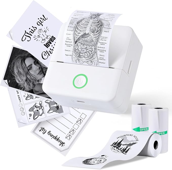 cudinham Print Pods Mini Printer, Thermal Inkless Sticker Maker with 3 Rolls Paper, Pocket Printpod for Phone, Impresora Portátil for Notes, Flashcards, Journal, DIY (Pure White)
