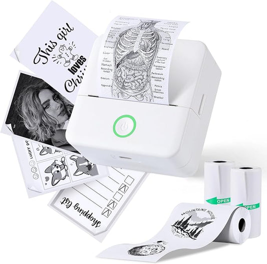 cudinham Print Pods Mini Printer, Thermal Inkless Sticker Maker with 3 Rolls Paper, Pocket Printpod for Phone, Impresora Portátil for Notes, Flashcards, Journal, DIY (Pure White)