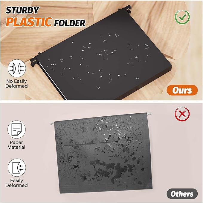 Extra Capacity Plastic Hanging File Folders,12 Pack Reinforced Hang Folder,Heavy Duty 1 Inch Expansion,Filing Cabinet Folders Letter Size for Bulk Files/Medical Charts (No Sealed, Black)