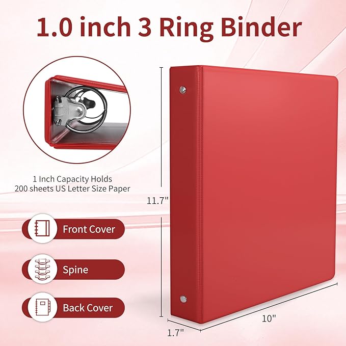 1-inch 3 Ring Binder with 2 Inside Pockets, 1'' Basic Binders Holds US Letter Size 8.5'' x 11'' Paper - Versatile Binders for Office, School and Home Use (Pack of 12, Assorted Color)