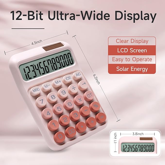 Desk Calculator,12 Digits, Large LCD Display,Big Buttons,Solar and Battery Dual Power Desktop Calculators,Cute and Aesthetic (Ombre Pink, M)