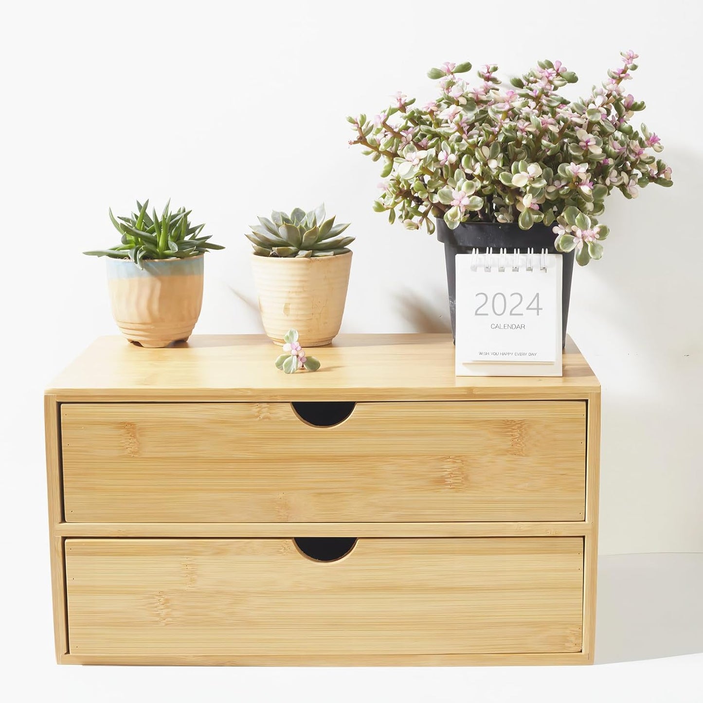Bamboo Desk Organizer with Drawers, Countertop Organizer with Drawers Makeup Storage Drawer 2 Drawers Tabletop Storage Organization Box Home Office Workspace Bathroom Toiletries Supplies