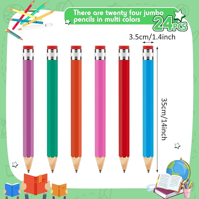 Lewtemi 24 Pcs Wooden Jumbo Pencils 14 Inch Funny Big Large Novelty Pencil Wood Cool Giant Pencil for Kids Home School Office Halloween Christmas Party Prop Gift Decor Toy, 6 Colors