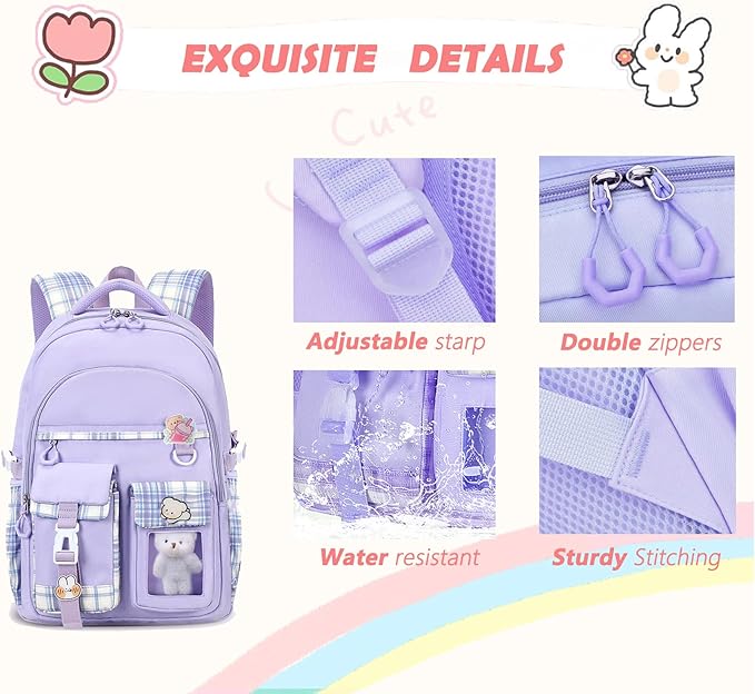 Girls Backpack，Cute School Backpack for Girls Kids Teens，Kawaii Bookbag for Primary Elementary，Purple