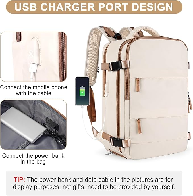 coofay Large Travel Backpack Carry on Flight Approved Mochila De Viaje Personal Item Travel Bag Backpacks for Men Women Carry on Backpack for Airplanes 18x14x8 Inches Travel Bag Beige with Brown