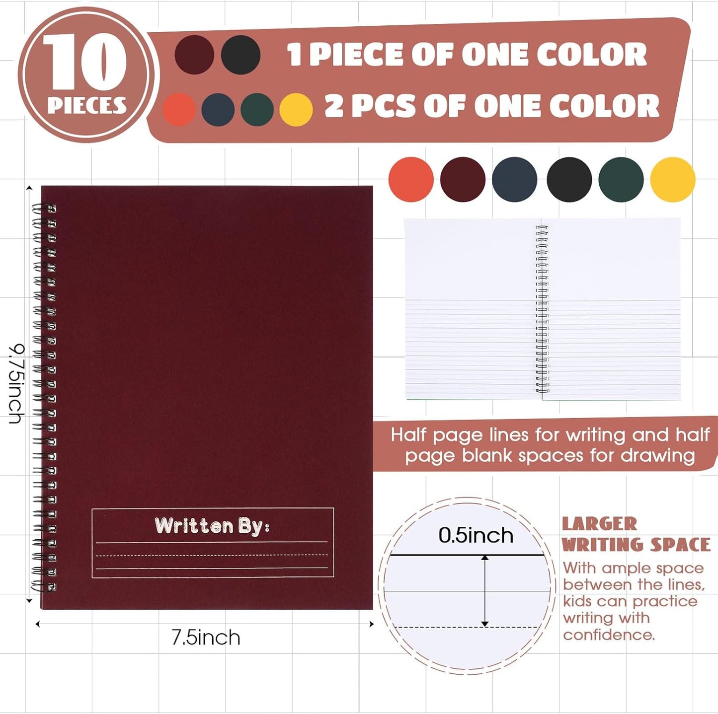 Henoyso 10 Pcs 100/50 Sheets Primary Composition Notebook K-2 Bulk Spiral Primary Journal Drawing Handwriting Practice for Kids Kindergarten 1st 2nd Back to School Supplies (Jewel Tone Color,50 Sheets)