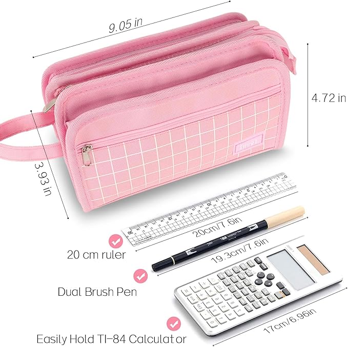 Sooez Large Pencil Case, Big Capacity Pencil Pouch Pen Bag with 3 Compartment, Portable Canvas Stationery Organizer with Zipper, Cute Aesthetic School Supplies for Teen Girls College, Pink with Plaid