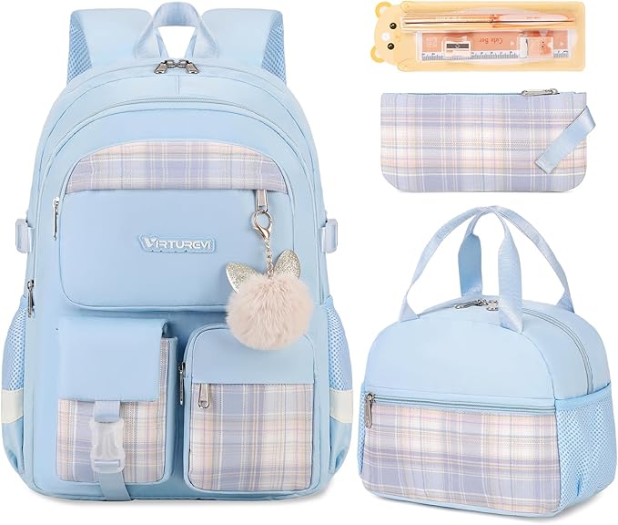 3PCS School Backpack For Student Women College Middle High Teen Girls Bookbag Waterproof Laptop Bag Plaid Blue
