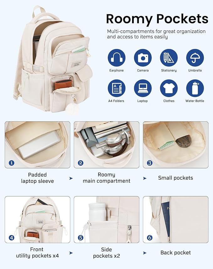 Teen Girls Backpack for School, Multi-pocket Aesthetic Middle School Book Bag College Travel Back Pack Kid Casual Laptop Backpack for Women (Beige)