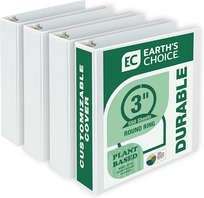 Samsill Plant-Based 3 Inch Durable Round Ring, Made in USA, View Binder, Eco-Friendly, USDA Certified Biobased, 4 Pack, White