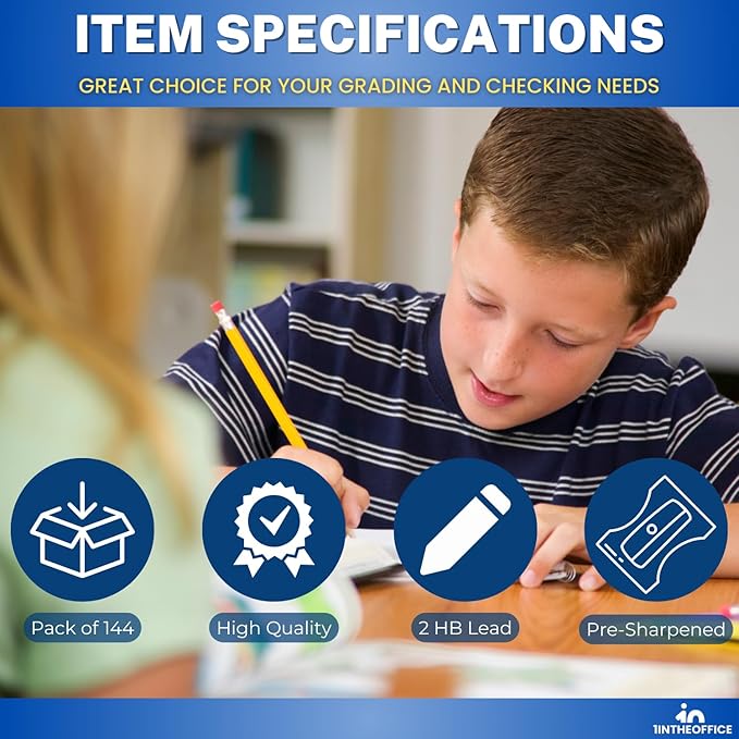 1InTheOffice Pre Sharpened Pencils #2, Pencils with Eraser, 2 HB, Wood-Cased, Black Lead, Yellow Barrel (144)