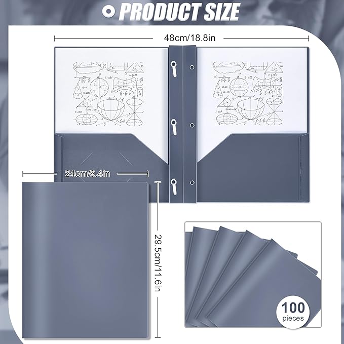 Lincia 100 Pcs Plastic Folders with Pockets and Prong Folders with Prongs Plastic Folders with 2 Pockets Pocket Folders for Office, School for Students, Teachers, Office Workers (Grey Blue)