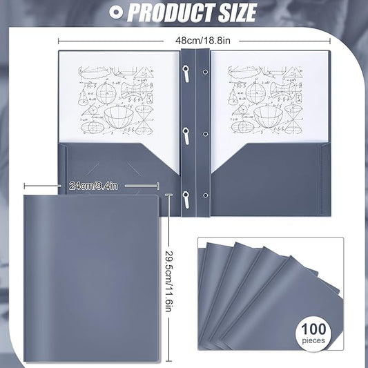 Lincia 100 Pcs Plastic Folders with Pockets and Prong Folders with Prongs Plastic Folders with 2 Pockets Pocket Folders for Office, School for Students, Teachers, Office Workers (Grey Blue)