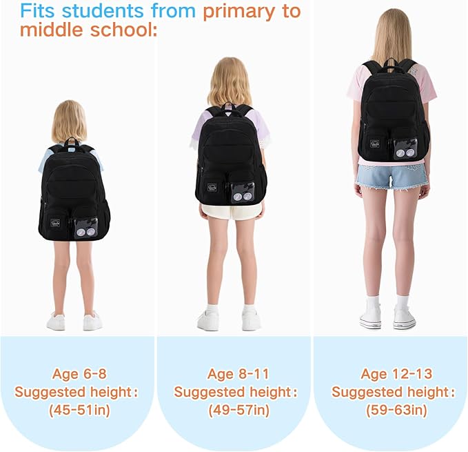 VASCHY Backpack for Girls, Cute School Bag Bookbag for Elementary Middle Schooler Teen Girls/Kids Travel with Clear Pin Pouch Black