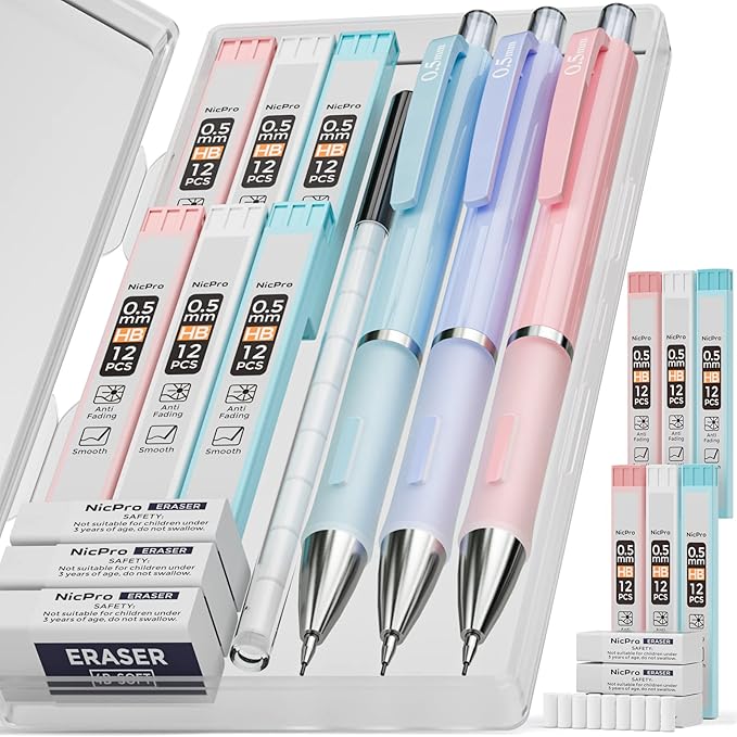 Nicpro 3PCS Pastel Mechanical Pencil Set, 0.5 Mechanical Pencils with 6 Tube HB Lead 0.5mm, 3 Eraser and 9 Eraser Refill & Case, Aesthetic School Supplies for Drafting Sketching, Drawing & Writing
