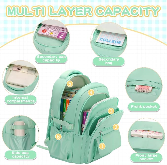 Cute Backpack for School Teen Girls Green Bookbag Aesthetic Womens Travel Book Bags for School Kids Student Back Packs