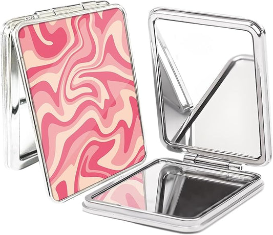 Compact Pocket Mirror, Cute Travel Mini Mirror with Magnification, Foldable Double-Sided Portable Cosmetic Mirror for Men, Women Pink Swirl Wavy