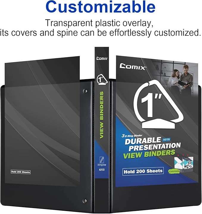 Comix D-Ring Basic View Binder 1 inch 3 Ring Binders, Hold 225 Sheets of 8.5" x 11" Paper, 12 Pack (Black)