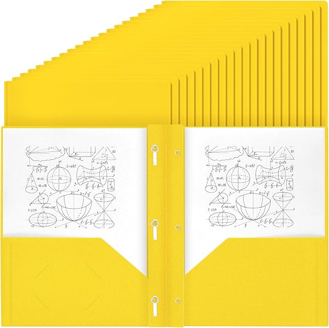 Lincia 100 Pcs Plastic Folders with 2 Pockets and Prongs for Office, School, Students, Teachers, Office Workers (Yellow)
