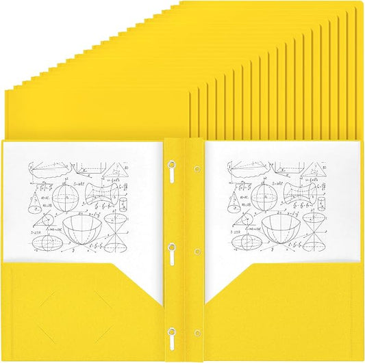 Lincia 100 Pcs Plastic Folders with 2 Pockets and Prongs for Office, School, Students, Teachers, Office Workers (Yellow)