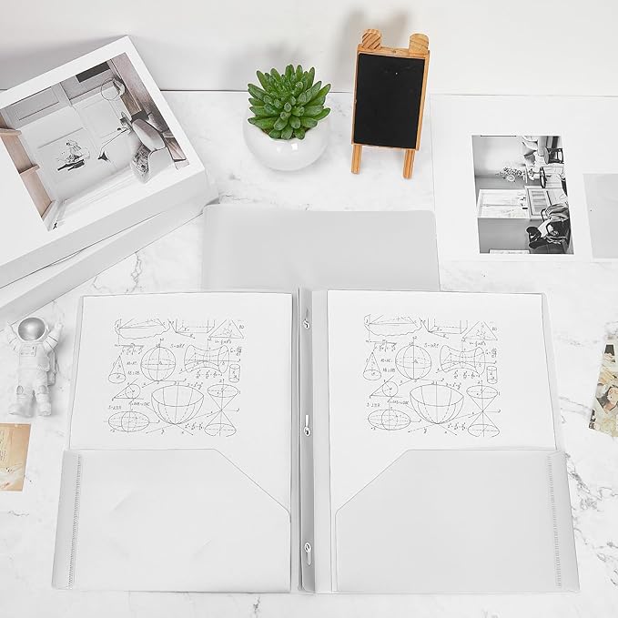 Lincia 100 Pcs Plastic Folders with Pockets and Prong Folders with Prongs 2 Pockets for Office, School for Students, Teachers, Office Workers(White)