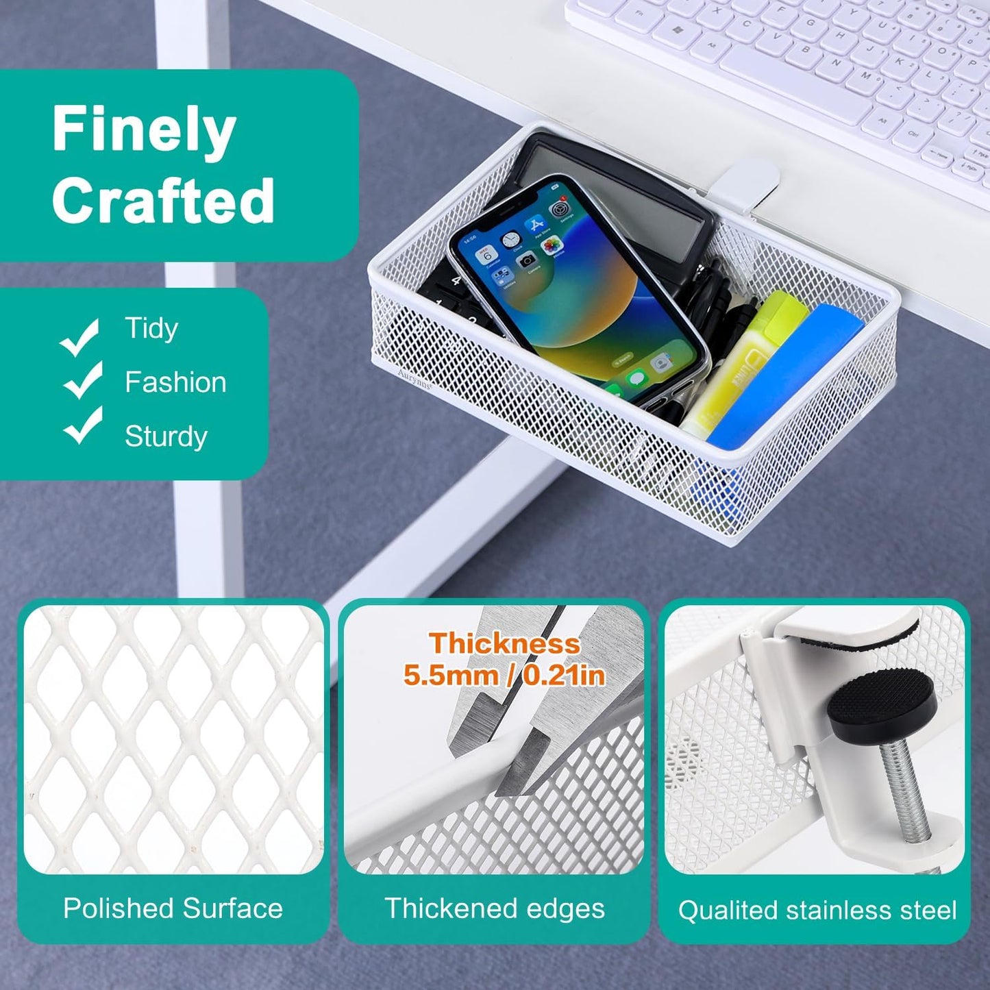 Under Desk Drawer Organizer - Clamp-On Above or Below Desk Mesh Drawer for Office Accessories, Storage Tray, and Desktop Organizer (White - Small)