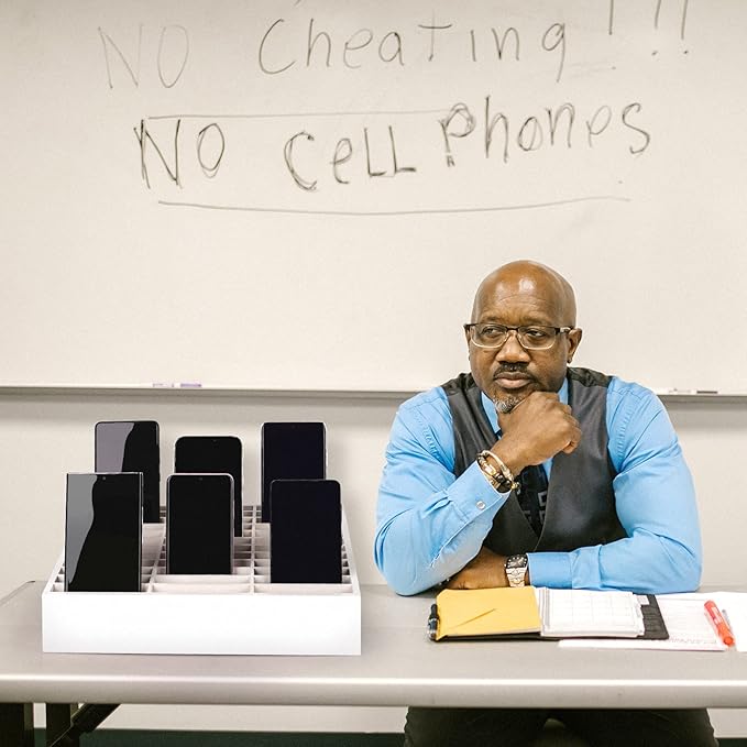 36-Grid Wooden Cell Phone Holder Desktop Organizer Storage Box for Classroom Office (White 36-Grid)