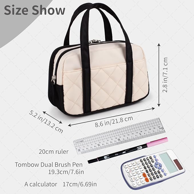 2 Compartment Pencil Case For Girls,Zipper Pencil Bag With Handle, Large Capacity quilting Pencil Pouch Organizer Aesthetic, Womens Soft Pencil Box Marker Pouch For Middle School Office College