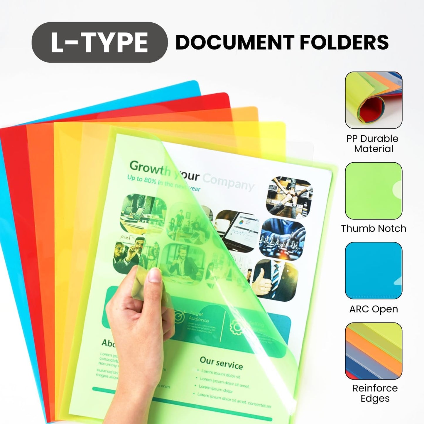 Letter Sized Poly Sleeves - 48 Pack, 6 Assorted Colors, Heavyweight for Sheets 8.5"x11", Project Pockets, Plastic Sleeves for documents Folders with L-Type, Page Protectors, Acid-Free