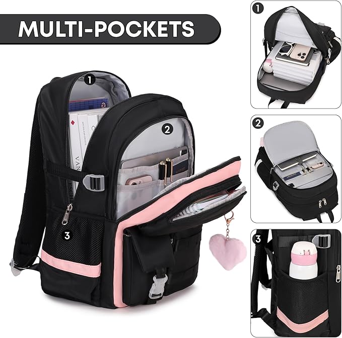 3PCS Girls Backpack For College Middle High School Student Teens Women Bookbag Waterproof Laptop Bag Black Pink