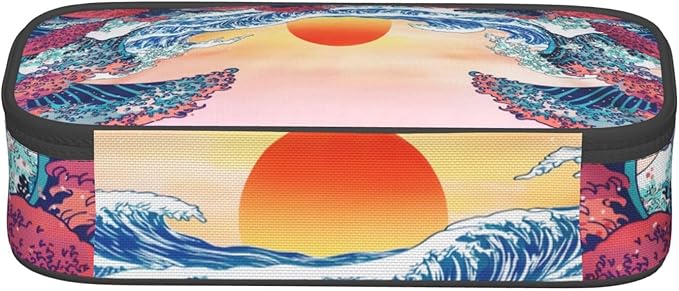 Japanese Ocean Waves Large Pencil Case With Zipper Compartments Stationery Pencil Bag For Kids Teens Students School Supplies