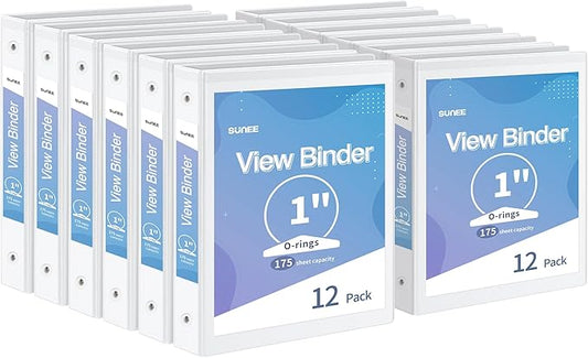 SUNEE 3 Ring Binder 1 Inch 12 Pack, Clear View Binder Bulk Three Ring PVC-Free (Fit 8.5x11 Inches) for School or Office Supplies, White