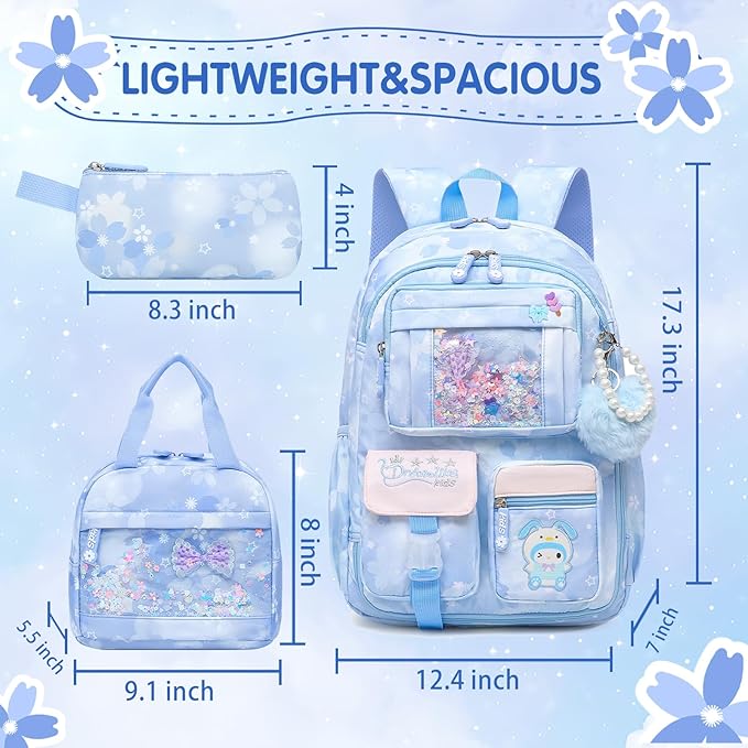 Lovely Girls Backpack School Bag for Students Kids Book Bag with Multiple Pockets Splash-proof Children's Backpack（17inch Set Blue）