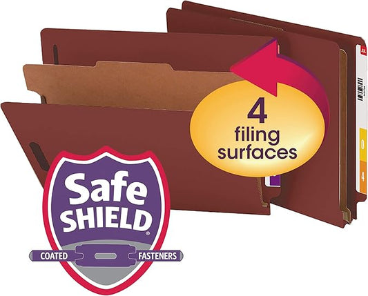 Smead 100% Recycled End Tab Pressboard Classification File Folder with SafeSHIELD Fasteners, 1 Divider, 2" Expansion, Legal Size, Red, 10 per Box (29855)