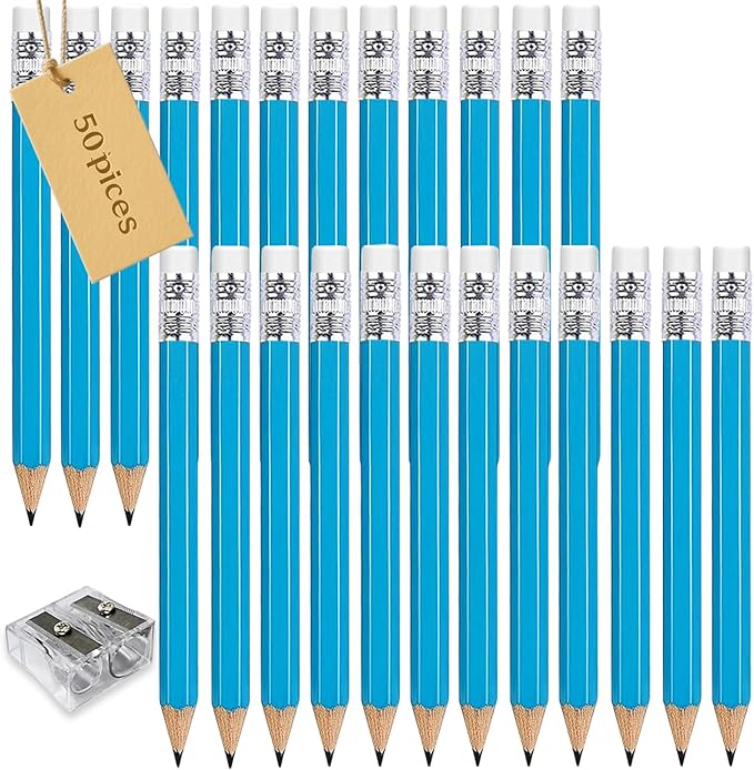 Adhere 25pcs Golf Pencils with eraser Hexagon Wooden Pencils Graphite 2B for Golf Event Scoring,Classroom,Wedding,Company Meetings,Pew, Pocket (z-Light blue・Hexagon・50pcs)
