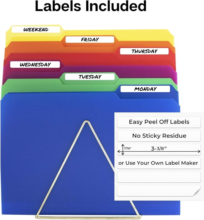 Dunwell Plastic Colored File Folders (12 Pack), 1/3 Tab Filing Folders for 8.5x11 Letter Size Documents, Assorted Colors, Acid-Free Poly, Includes Labels