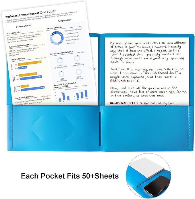 HABGP 100 Folders with Pockets, 5 Color Heavy Duty Plastic Two Pocket Folder with Business Card Holder for Office High School Business Resume