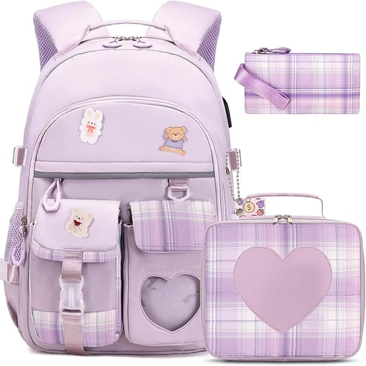 Backpack for Girls - Bookbag Backpacks Schoolbag for Girls Kids Teen Women Casual Travel Daypacks - School Bag Elementary Middle School College Cute Backpack with Lunch Box (Purple)