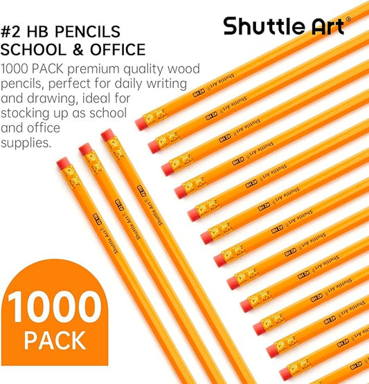 Shuttle Art Wood-Cased #2 HB Pencils, 1000 Pack Sharpened Yellow Pencils with Erasers, Bulk Pack Graphite Pencil for School and Teacher Supplies, Writing, Drawing and Sketching