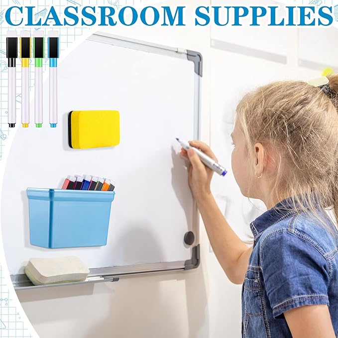 Boao Magnetic Dry Erase Marker Holder 10 Pcs Colorful Magnetic Markers Set with Eraser Whiteboard Plastic Pen Cup for Back to School Classroom Organization Supplies Refrigerator Accessories(Simple)