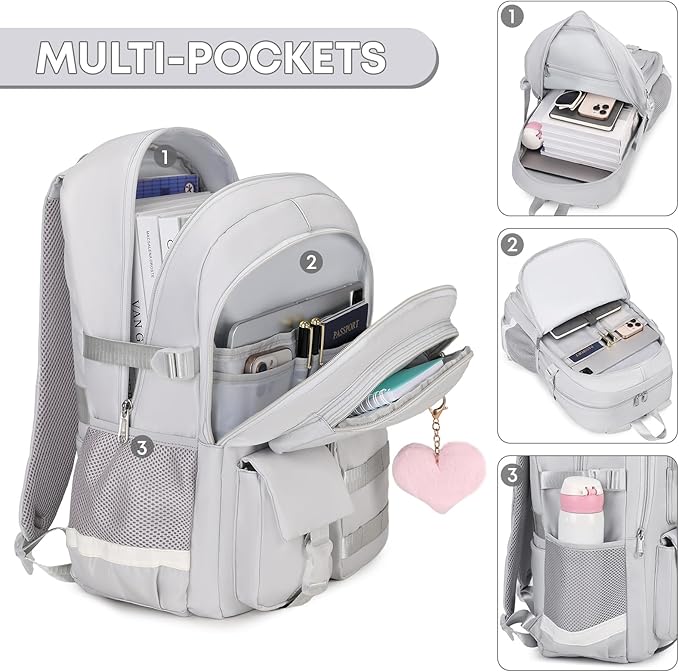 3PCS Student Backpack For School Women College Middle High Teen Girls Bookbag Waterproof Laptop Bag Grey